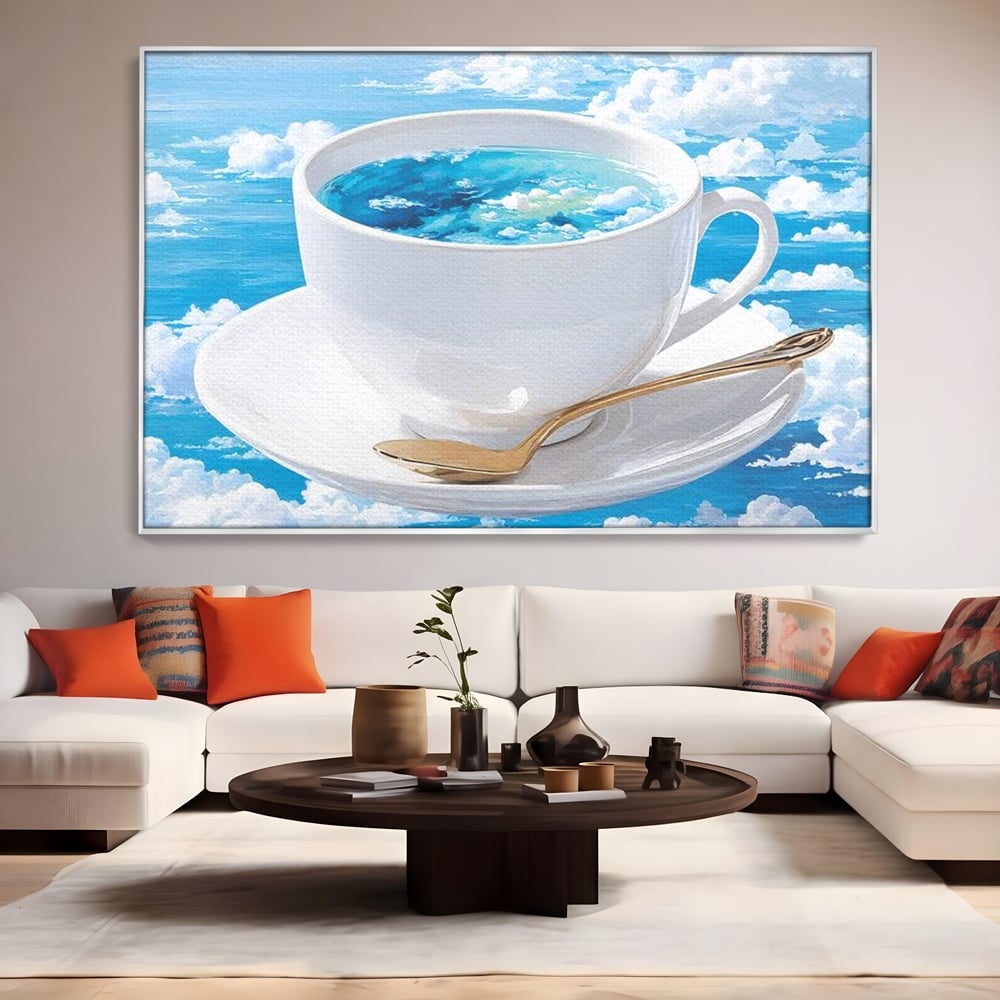 Tablou canvas cu tablou canvas cu ceasca de cafea si cer senin, in rama de aluminiu argintiu, pe perete intr-un living